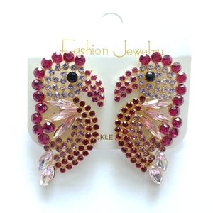 Colorful Rhinestone Woodpecker Cluster Statement Earrings Birds NEW